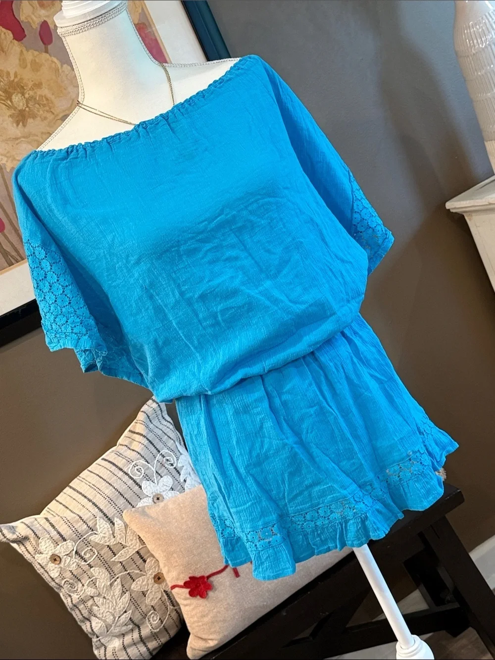 VICTORIA'S SECRET Swim Cover-Up Dress Cotton Off-Shoulder Turquoise Blue Size M
